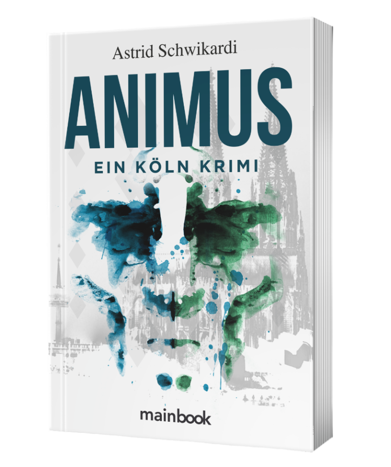 Buchcover von "ANIMUS: Ein Köln Krimi" mit abstraktem Gesicht und Kölner Dom im Hintergrund.