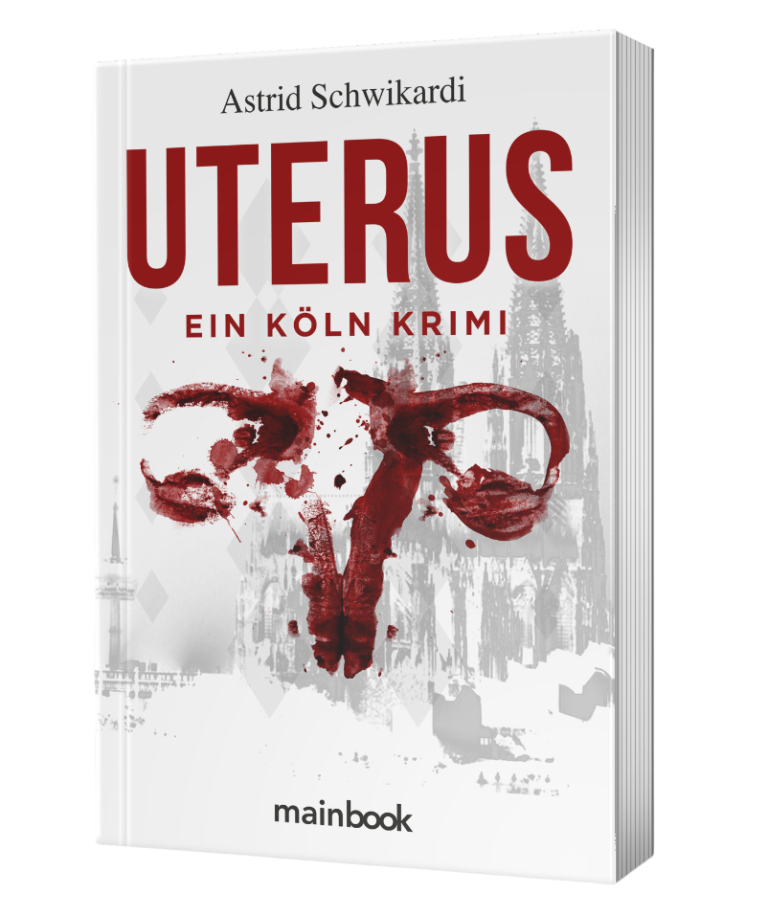 Buchcover von "Uterus - Ein Köln Krimi" mit rotem Titel und grafischem Hintergrund.