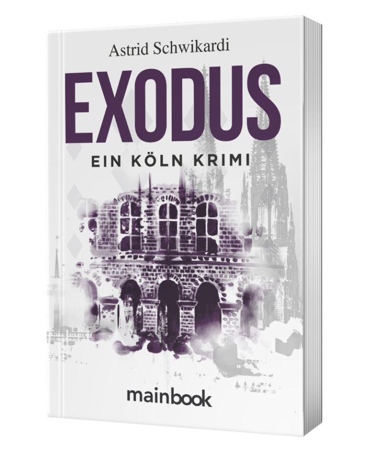 Buchcover "Exodus: Ein Köln Krimi" mit Städtenansicht von Köln und lila Schriftzug.
